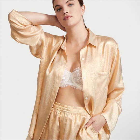 Victoria's Secret Satin Long-Sleeve Short Pajama Set Gold Foil Small NEW - Picture 4 of 4